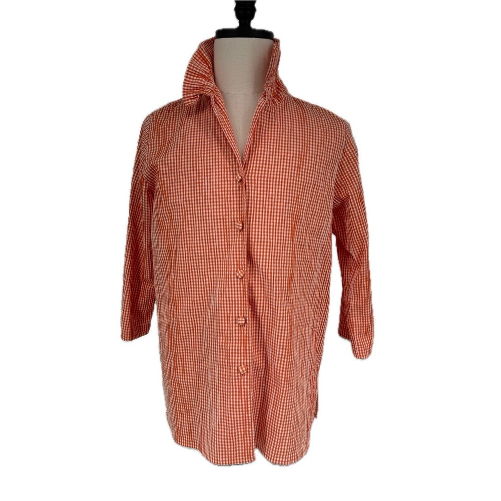 Caroline Rose Tunic Top Orange White Gingham Plaid Seersucker Button Front Sz M